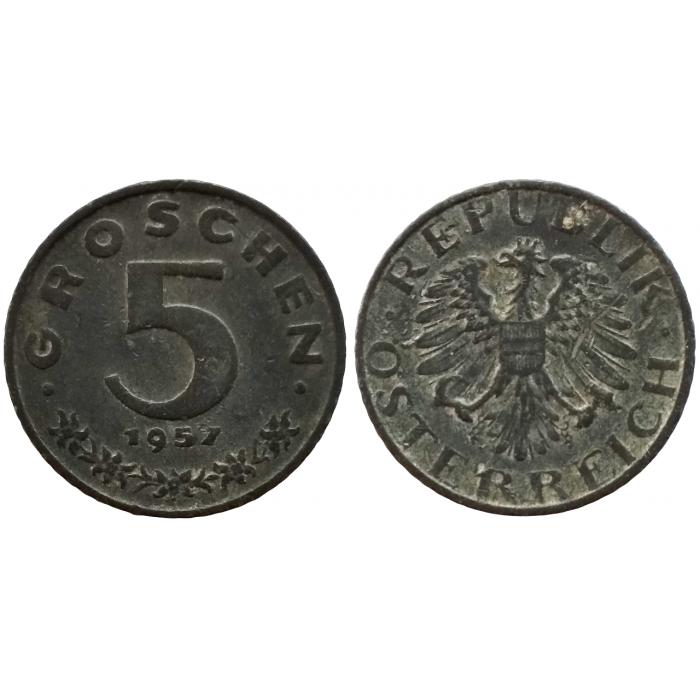 Австрия 5 грошей 1957 год XF KM# 2875