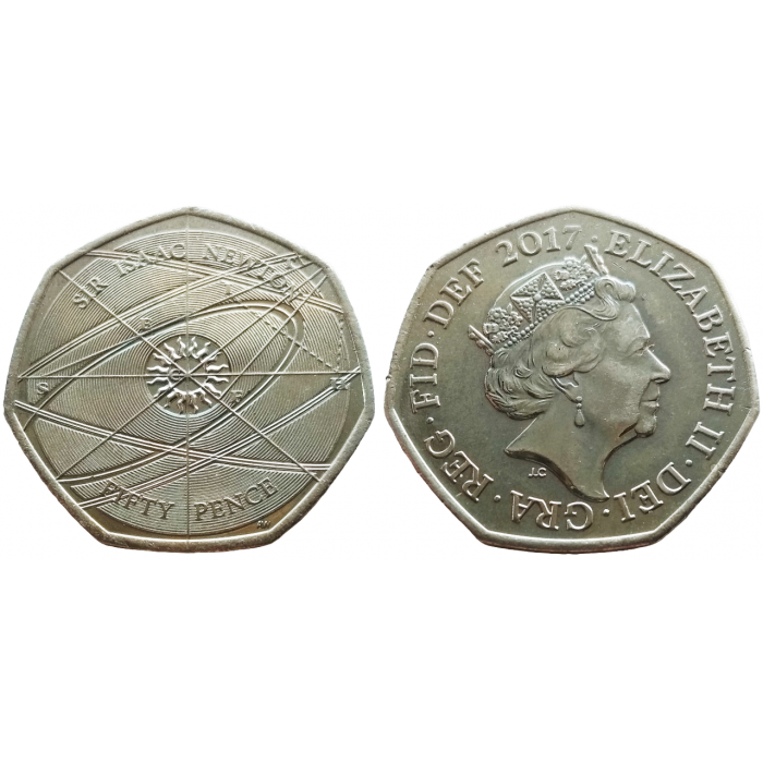 Великобритания 50 пенсов 2017 год UNC UC# 137 Исаак Ньютон