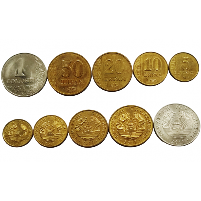 Таджикистан 5 10 20 50 дирам 1 сомони 2017 год UNC Набор из 5 монет