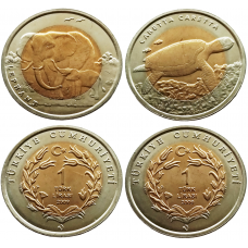Турция 1 лира 2009 год UNC KM# 1263 1264 Слон Морская черепаха Набор из 2 монет