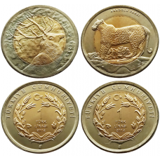 Турция 1 лира 2012 год UNC KM# 1283 1284 Олень Леопард Набор из 2 монет