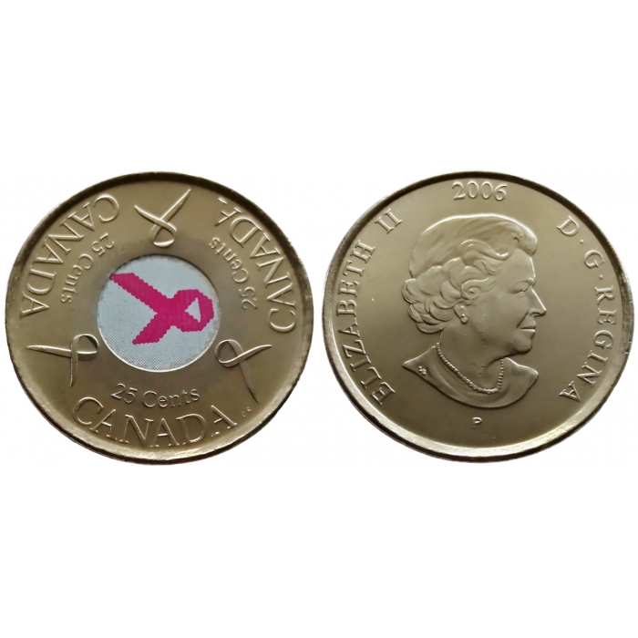 Канада 25 центов 2006 год UNC KM# 635 Розовая ленточка - Борьба с раком молочной железы