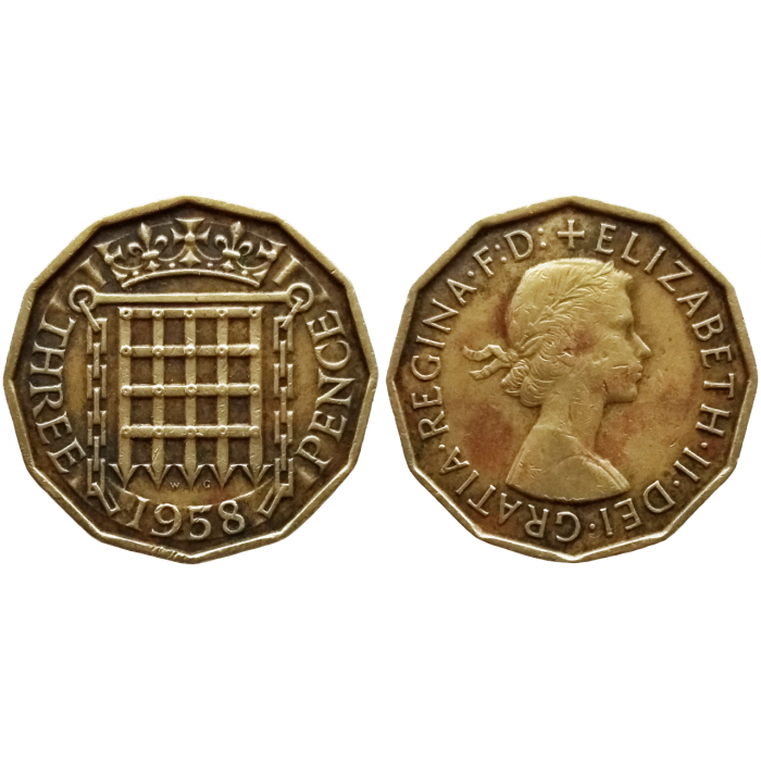 Великобритания 3 пенса 1958 год KM# 900 Никелевая латунь /желтый цвет/ Королева Елизавета II (1953 - 1967)