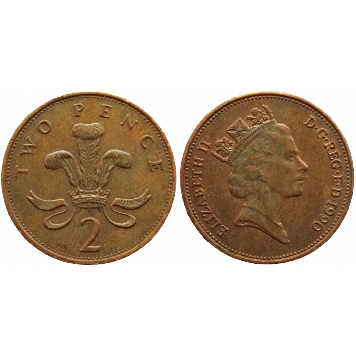Великобритания 2 пенса 1990 год KM# 936 Королева Елизавета II (1968 - 1981)