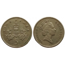 Великобритания 5 пенсов 1990 год KM# 937b Королева Елизавета II (1982 - 2022)
