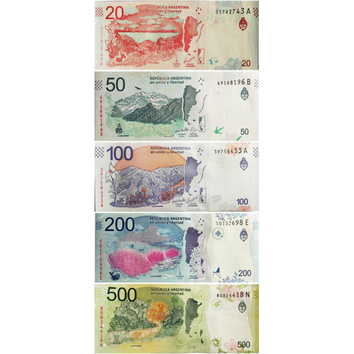 Аргентина 20 50 100 200 500 песо 2016-2020 год UNC Набор из 5 банкнот
