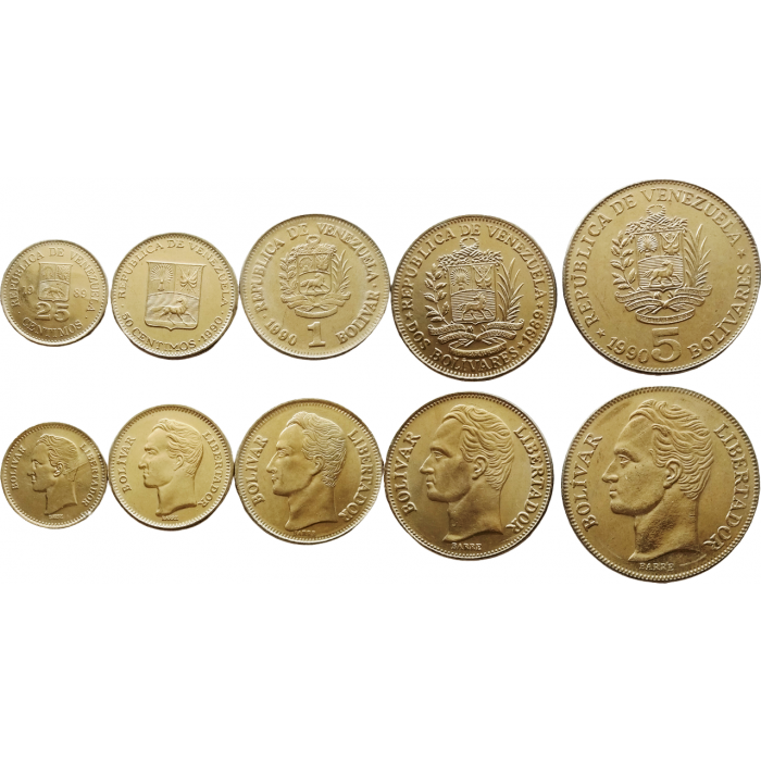 Венесуэла 25 50 сентимо 1 2 5 боливаров 1989 1990 год UNC Набор из 5 монет
