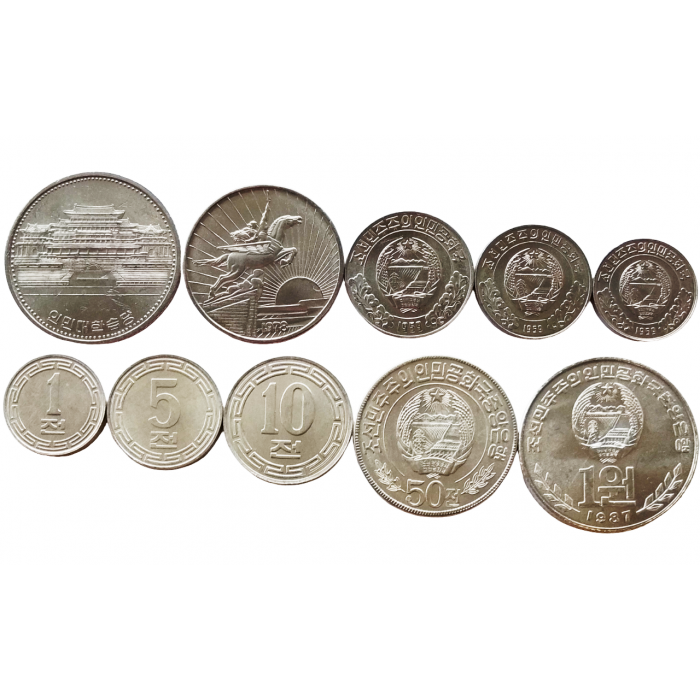 Северная Корея 1 5 10 50 чон 1 вона 1959-1987 год UNC Набор из 5 монет