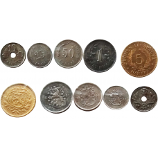 Финляндия 10 25 50 пенни 1 5 марок 1944-1951 год XF Набор из 5 монет