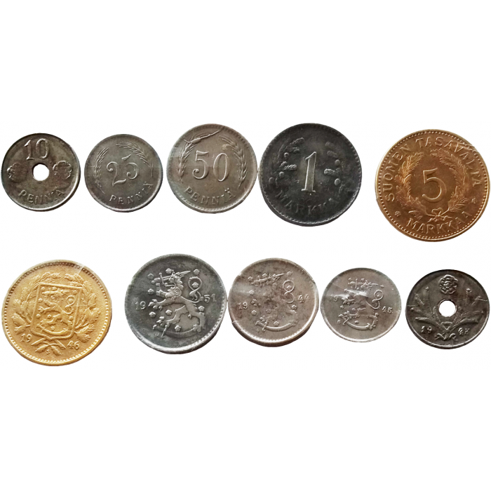 Финляндия 10 25 50 пенни 1 5 марок 1943-1952 год Набор из 5 монет
