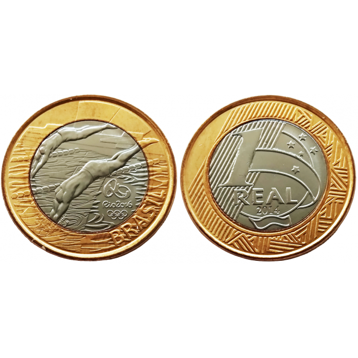 Бразилия 1 реал 2014 год UNC KM# 688 XXXI летние Олимпийские Игры, Рио-де-Жанейро 2016 - Плавание