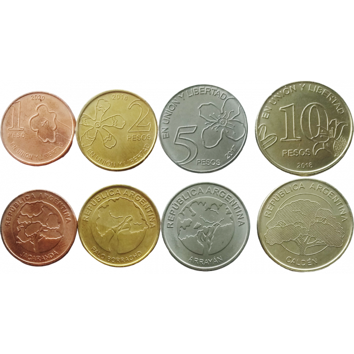 Аргентина 1 2 5 10 песо 2017-2020 год UNC UC# 1-4 Набор из 4 монет
