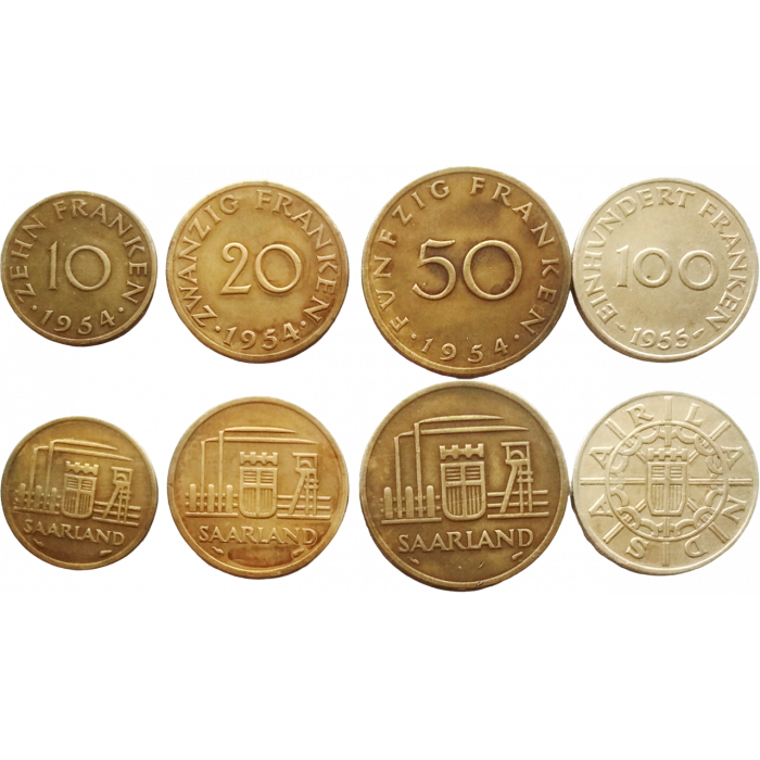 Саар 10 20 50 100 франков 1954-1955 год XF+ Набор из 4 монет