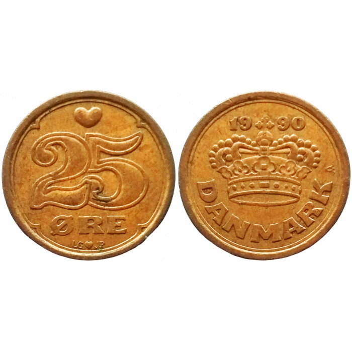Дания 25 эре 1990 год KM# 868 Королева Маргрете II (1989 - 2022)