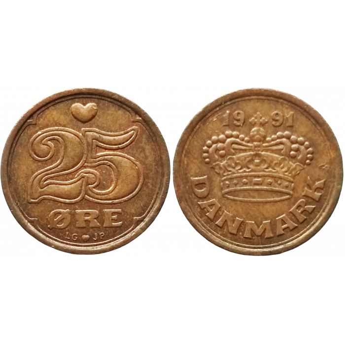 Дания 25 эре 1991 год KM# 868 Королева Маргрете II (1989 - 2022)