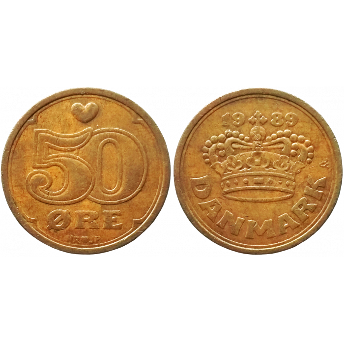 Дания 50 эре 1989 год KM# 866 Королева Маргрете II (1989 - 2022)