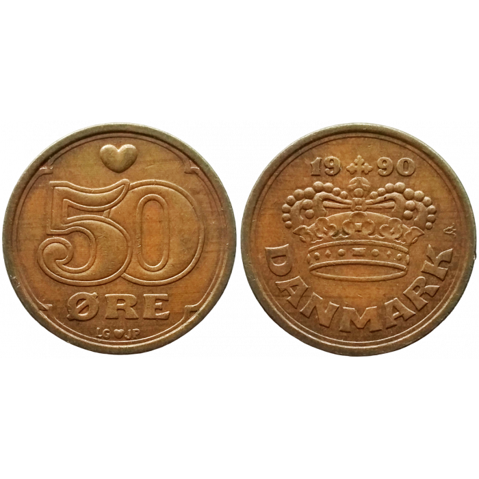 Дания 50 эре 1990 год KM# 866 Королева Маргрете II (1989 - 2022)