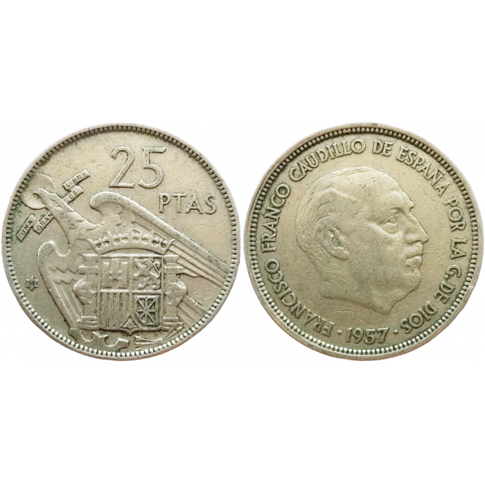 Испания 25 песет 1957 год KM# 787 (59 внутри звезды)