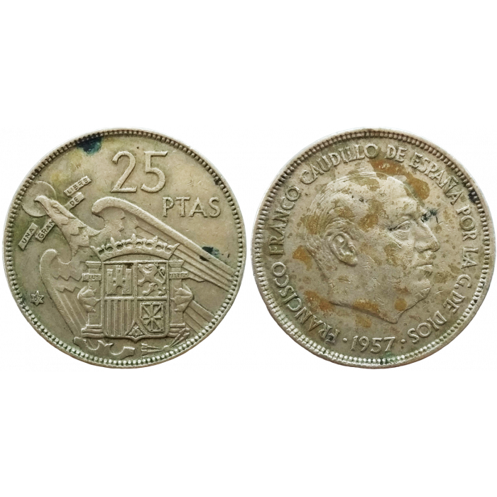 Испания 25 песет 1957 год KM# 787 (67 внутри звезды)