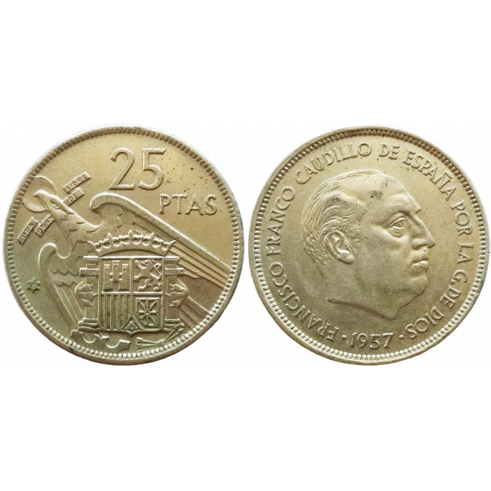 Испания 25 песет 1957 год KM# 787 (75 внутри звезды)