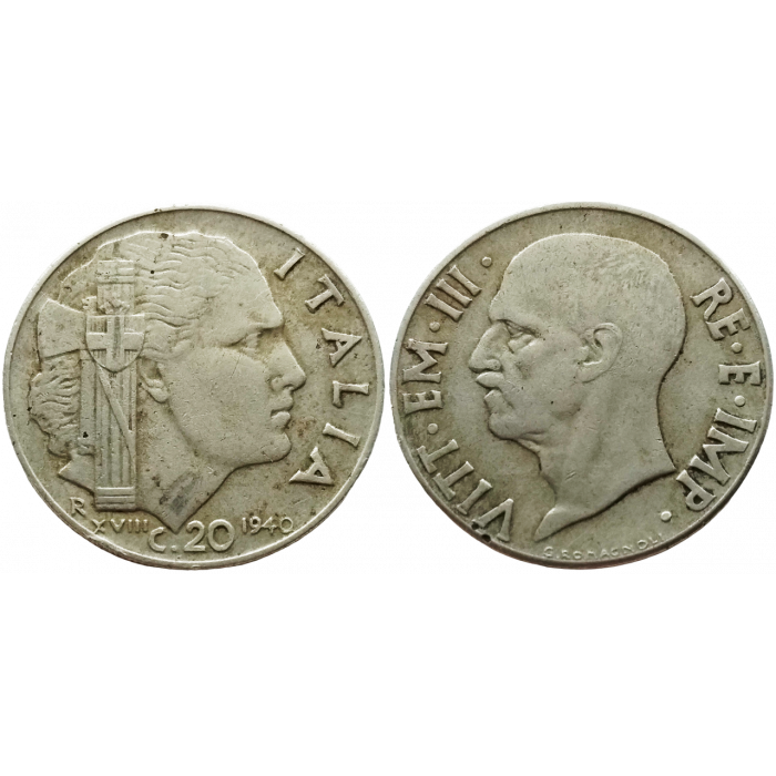 Италия 20 чентезимо 1940 год KM# 75b Магнетик, рубчатый гурт
