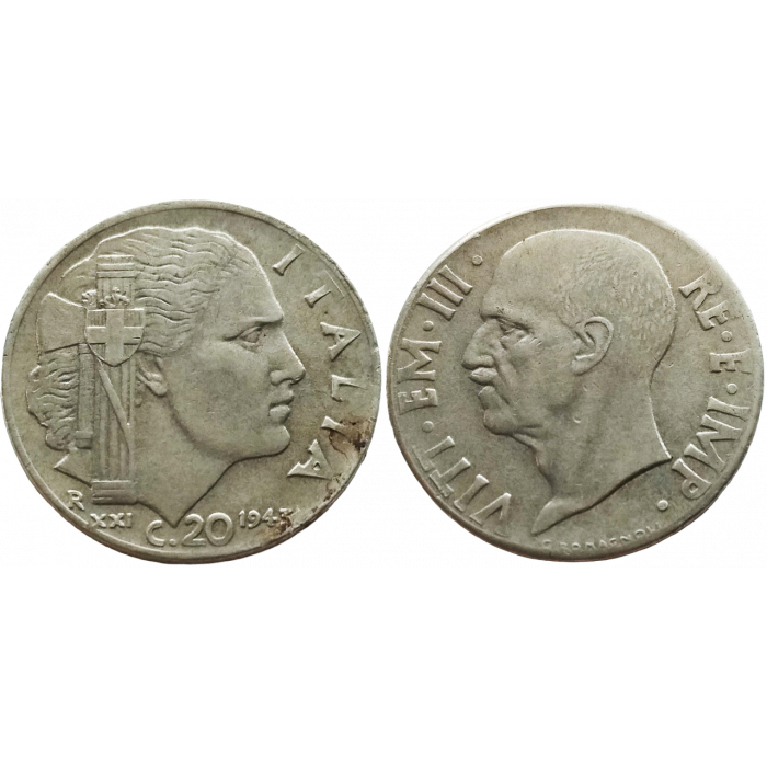 Италия 20 чентезимо 1943 год KM# 75b Магнетик, рубчатый гурт