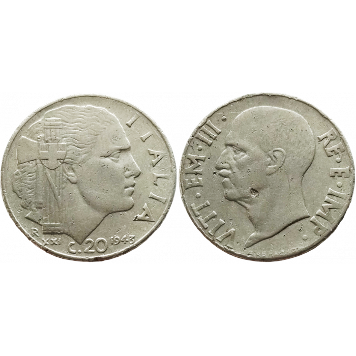 Италия 20 чентезимо 1943 год KM# 75b Магнетик, рубчатый гурт