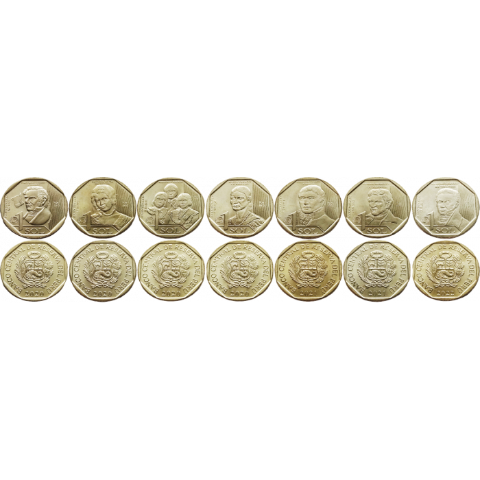 Перу 1 соль 2020-2022 год UNC "200 лет Независимости" Набор из 7 монет