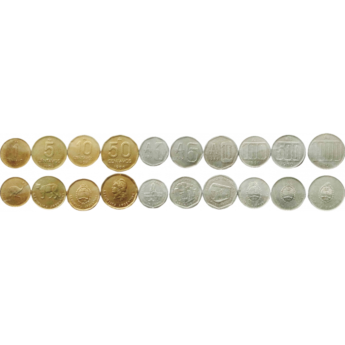 Аргентина 1 5 10 50 сентаво 1 5 10 100 500 1000 аустралей  1985-1991 год VF Набор из 10 монет