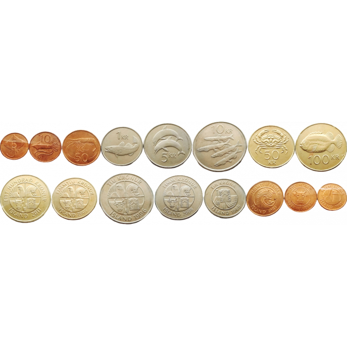 Исландия 5 10 50 эйре 1 5 10 50 100 крон 1981-2011 год VF Набор из 8 монет