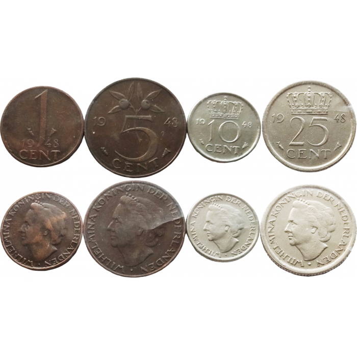 Нидерланды 1 5 10 25 центов 1948 год XF+ Набор из 4 монет