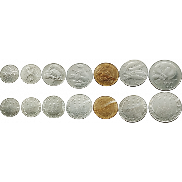 Сан-Марино 1 2 5 10 20 50 100 лир 1975 год VF Набор из 7 монет