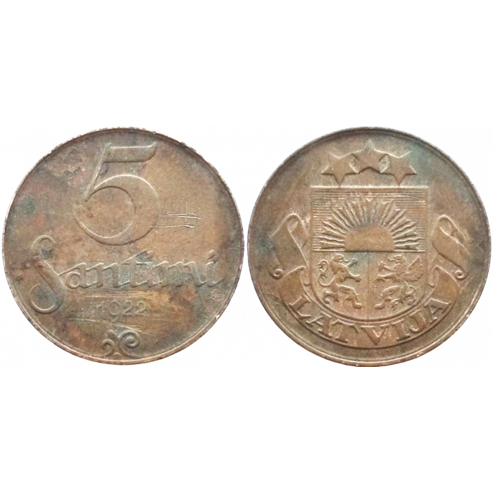 Латвия 5 сантимов 1922 год KM# 3