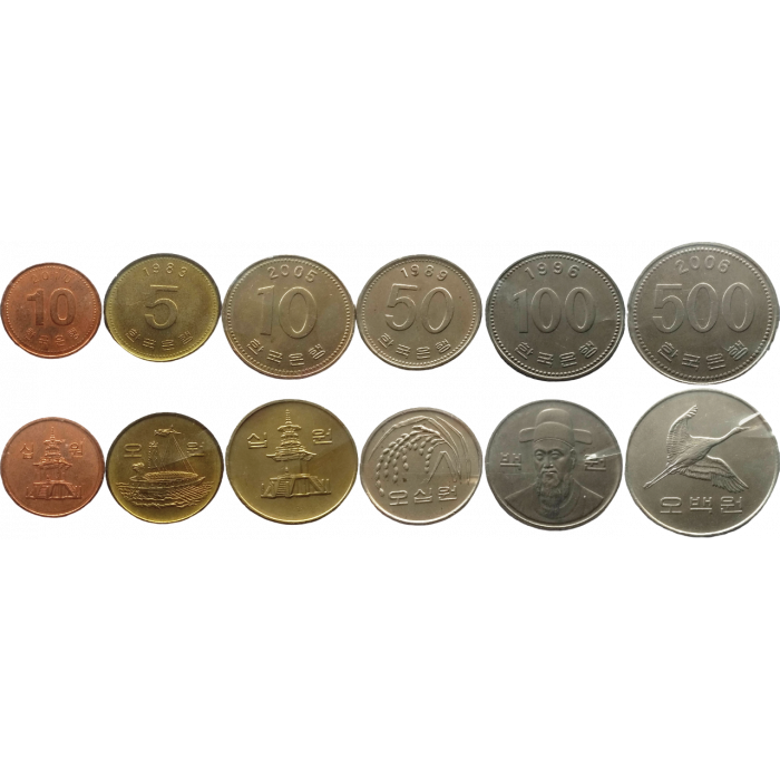 Южная Корея 5 10 50 100 500 вон 1983-2010 год Набор из 6 монет