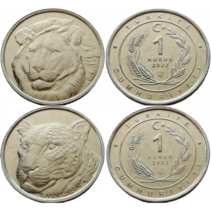 Турция 1 куруш 2022 год UNC Азиатский лев и Анатолийский леопард Набор из 2 монет