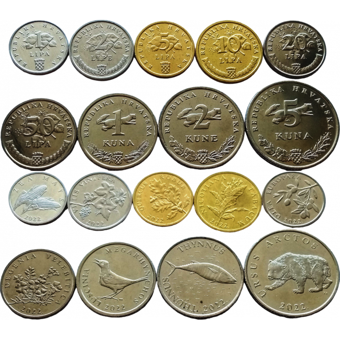 Хорватия 1 2 5 10 20 50 лип 1 2 5 кун 2022 год UNC Набор из 9 монет