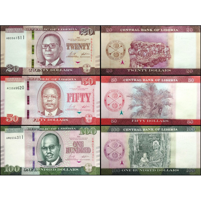 Либерия 20 50 100 долларов 2022 год UNC Набор из 3 банкнот