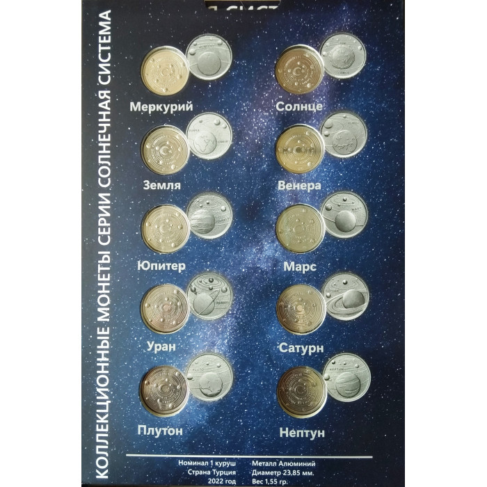 Турция 1 куруш 2022 год UNC Планеты солнечной системы Набор из 10 монет в альбоме