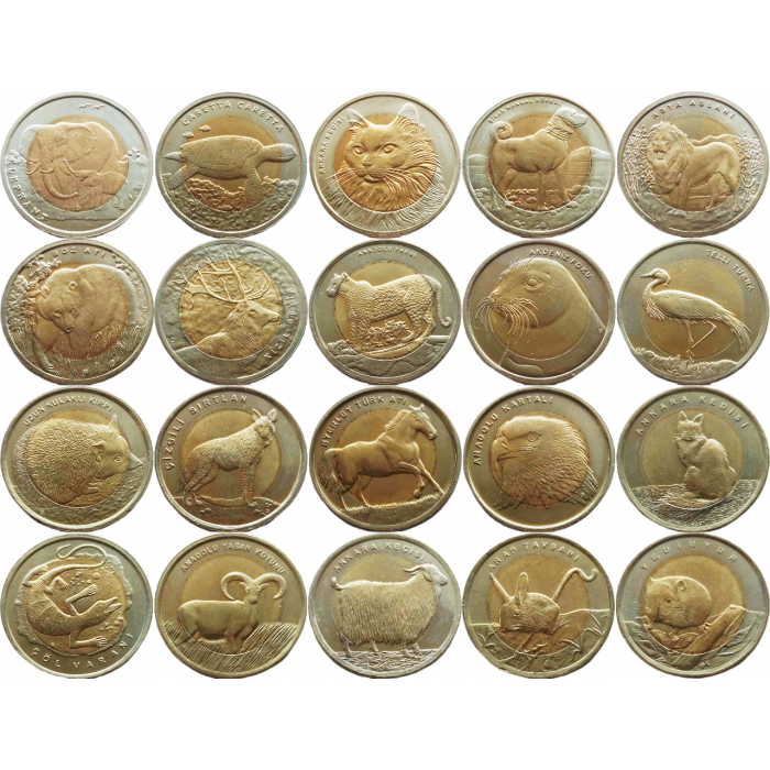 Турция 1 лира 2009-2016 год UNC Фауна Турции Красная книга Набор из 20 монет