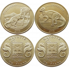 Остров Майотта 1 франк 2018 год UNC Динозавры Диплодок Игуанодон Набор из 2 монет