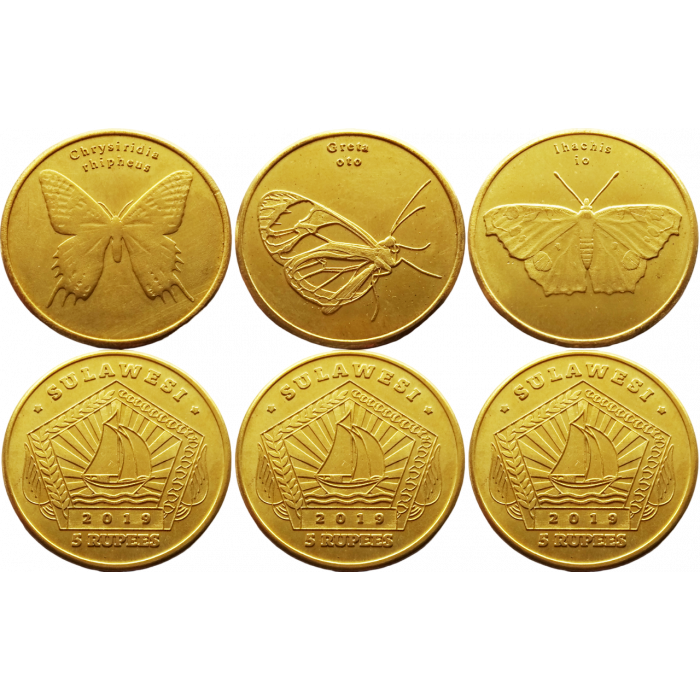 Остров Сулавеси 5 рупий 2019 год UNC Тропические бабочки Набор из 3 монет