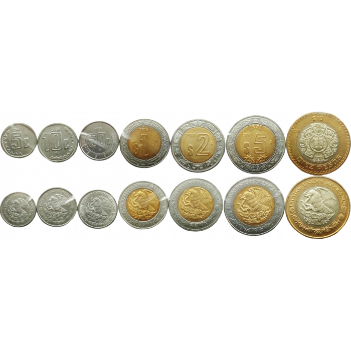 Мексика 5 10 50 сентаво 1 2 5 10 песо 1992-2023 год Набор из 7 монет