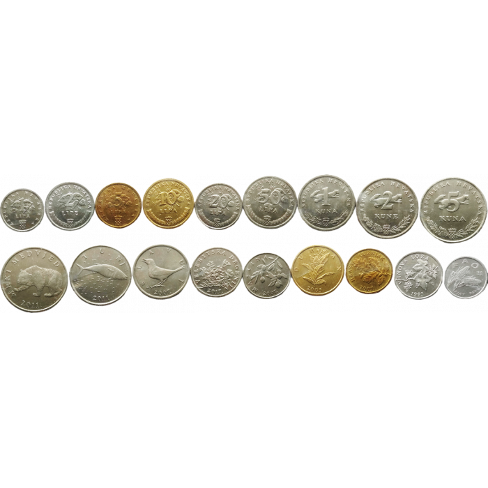 Хорватия 1 2 5 10 20 50 лип 1 2 5 кун 1993-2021 год UNC Набор из 9 монет