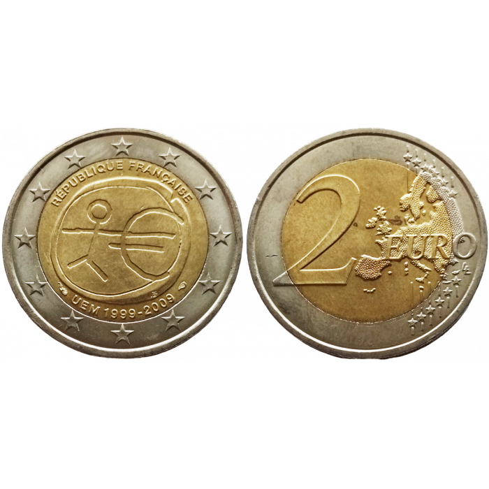 Франция 2 евро 2009 год UNC KM# 1590 10 лет монетарной политики ЕС (EMU) и введения евро