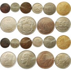 Бельгия 20 25 50 сантимов 1 5 10 20 50 франков 1948-1993 год Набор из 10 монет