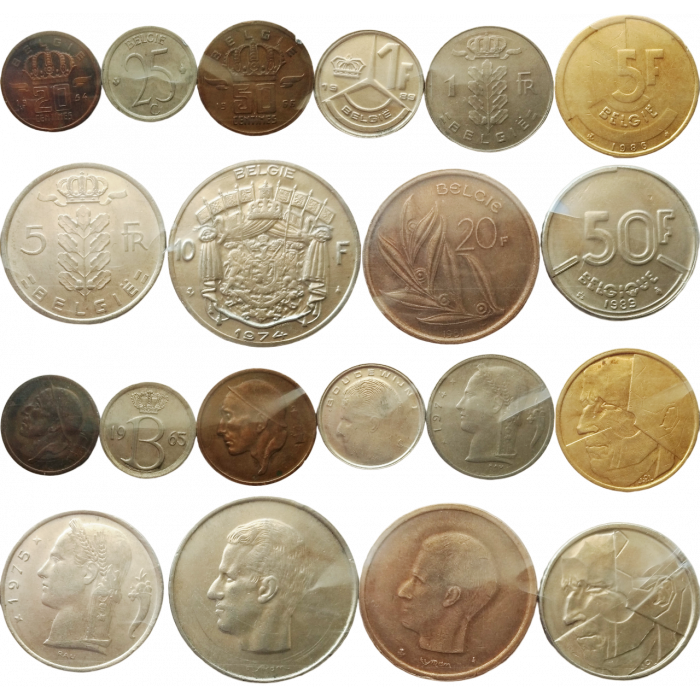 Бельгия 20 25 50 сантимов 1 5 10 20 50 франков 1948-1993 год Набор из 10 монет