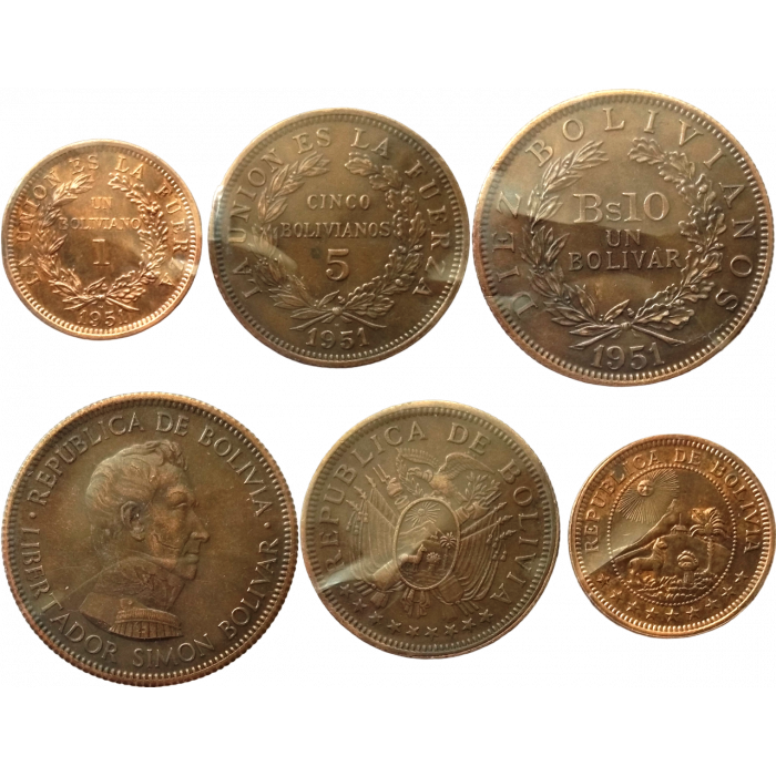 Боливия 1 5 10 боливиано 1951 год Набор из 3 монет