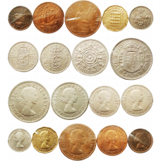 Великобритания 1 фартинг ½ 1 пенни 3 6 пенсов 1 2 шиллинга ½ кроны 1953 - 1967 год Набор из 9 монет