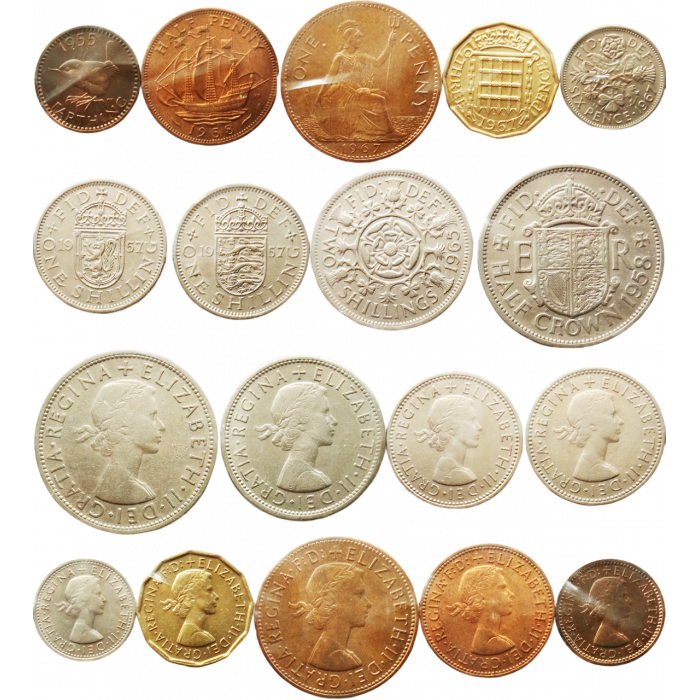 Великобритания 1 фартинг ½ 1 пенни 3 6 пенсов 1 2 шиллинга ½ кроны 1953 - 1967 год Набор из 9 монет