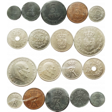 Дания 1 2 5 10 25 эре 1 5 крон 1960-1972 год Набор из 9 монет